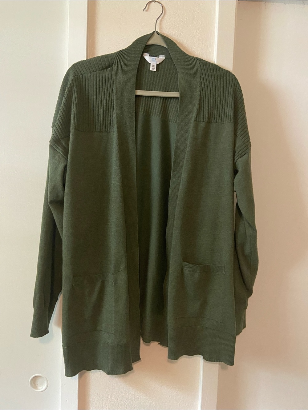 Time and Tru Olive Green Open-Front Ribbed-Shoulder Cardigan